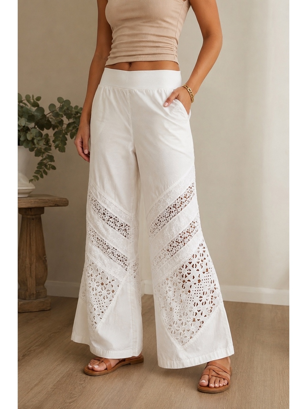 XCVI Mind Set White Eyelet Crochet Wide Leg Pants Women’s S